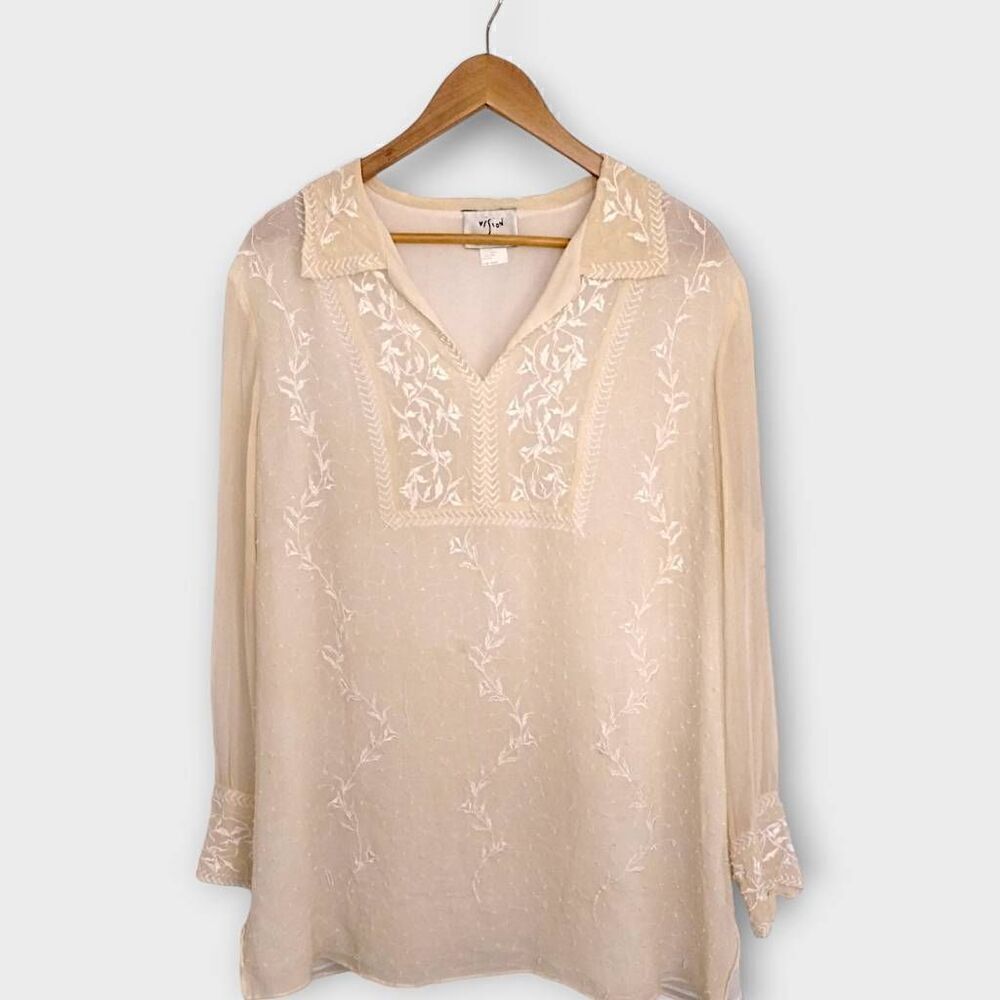 Vision Apparel Womens Blouse Sz 18 Cream Sheer Chiffon Beaded Retroglam Princess